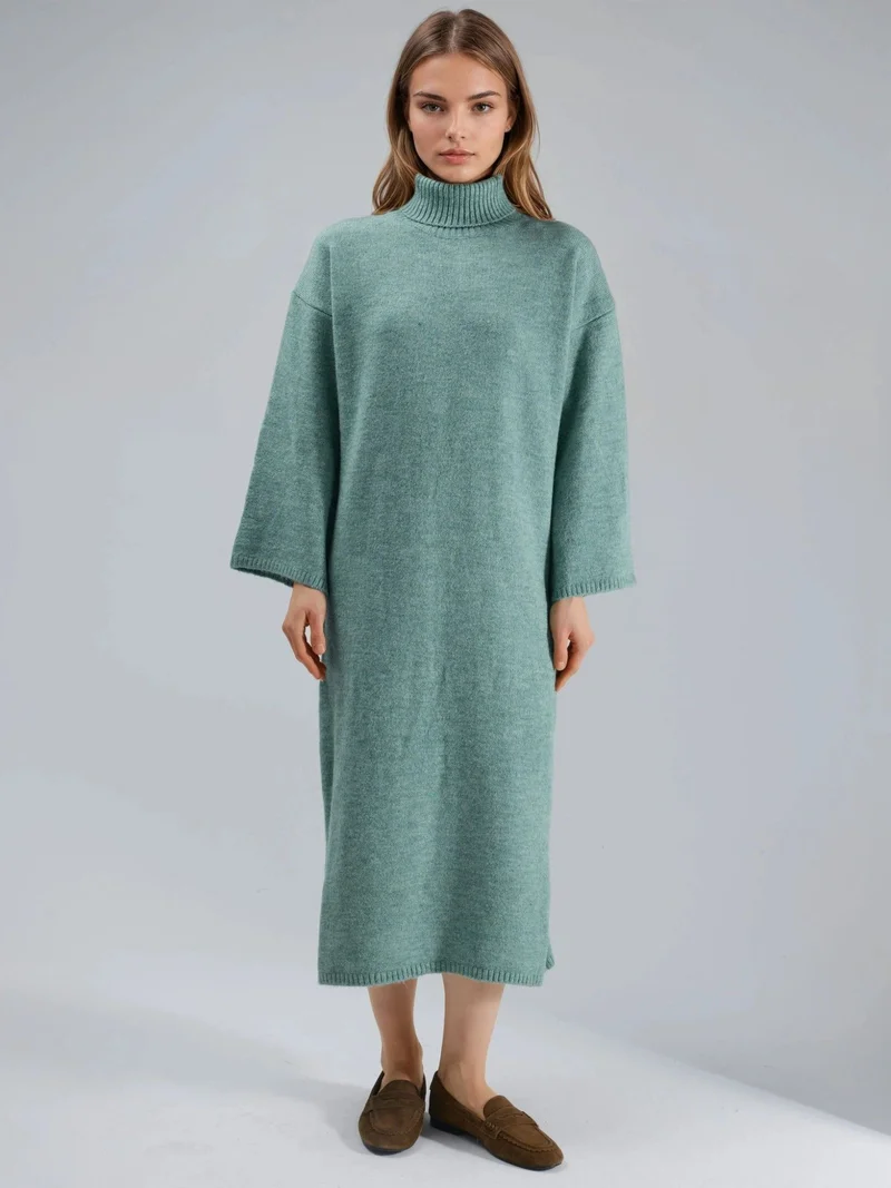 MY FASHION Sage Green MY FASHION Ribbed Turtleneck Maxi Knit Dress for Women | Best Price UAE